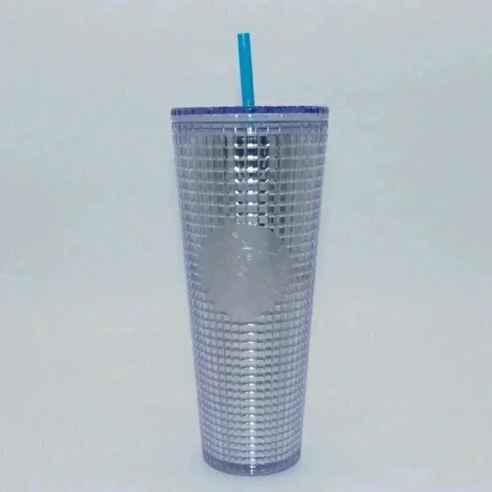 Starbucks Silver Disco Grid Holiday Christmas Cold Cup Tumbler 24 oz